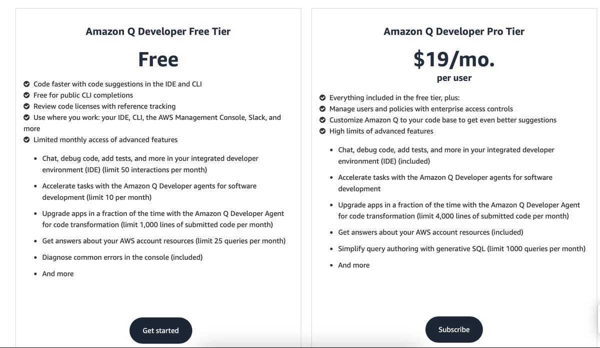 dubs4w's tweet photo. @awscloud I want to leave Github Copilot for Amazon Q full-time, there's a free tier, but I'm a serious person, so I need the premium tier, but 20$ vs the competitor 10$ is tricky, is there a better offer for Amazon super fans like me? https://t.co/llQlR01p3R