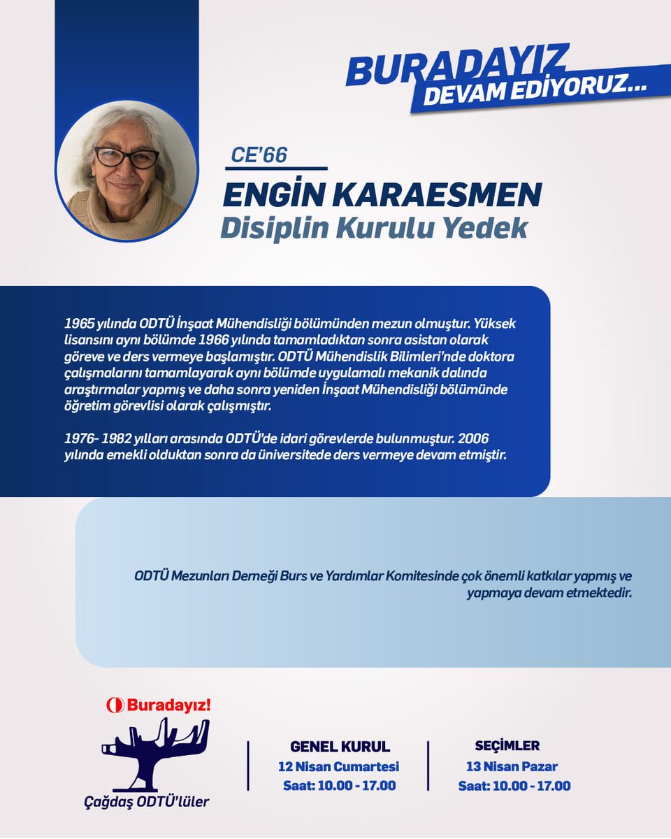 odtuyapi's tweet photo. 13 Nisan Pazar günü ODTÜ Mezunlar Derneği yönetim kurulu seçiminde yer alacak bölümümüzün mezunları ve değerli hocalarımızın da içinde bulunduğu Çağdaş ODTÜ'lüler grubu için bütün ODTÜ mezunlarının desteğini bekliyoruz. https://t.co/k5idIwHoBs