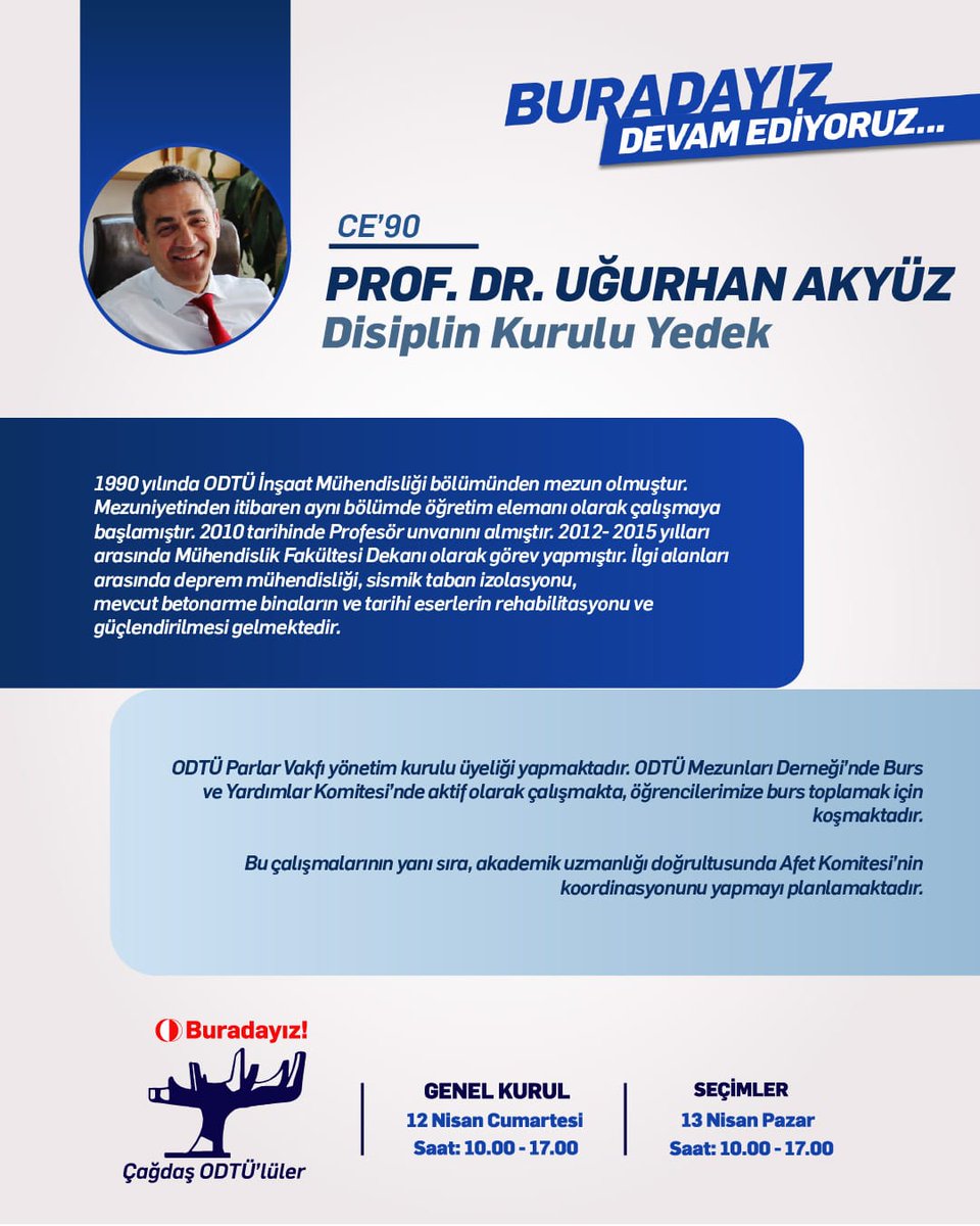 odtuyapi's tweet photo. 13 Nisan Pazar günü ODTÜ Mezunlar Derneği yönetim kurulu seçiminde yer alacak bölümümüzün mezunları ve değerli hocalarımızın da içinde bulunduğu Çağdaş ODTÜ'lüler grubu için bütün ODTÜ mezunlarının desteğini bekliyoruz. https://t.co/k5idIwHoBs
