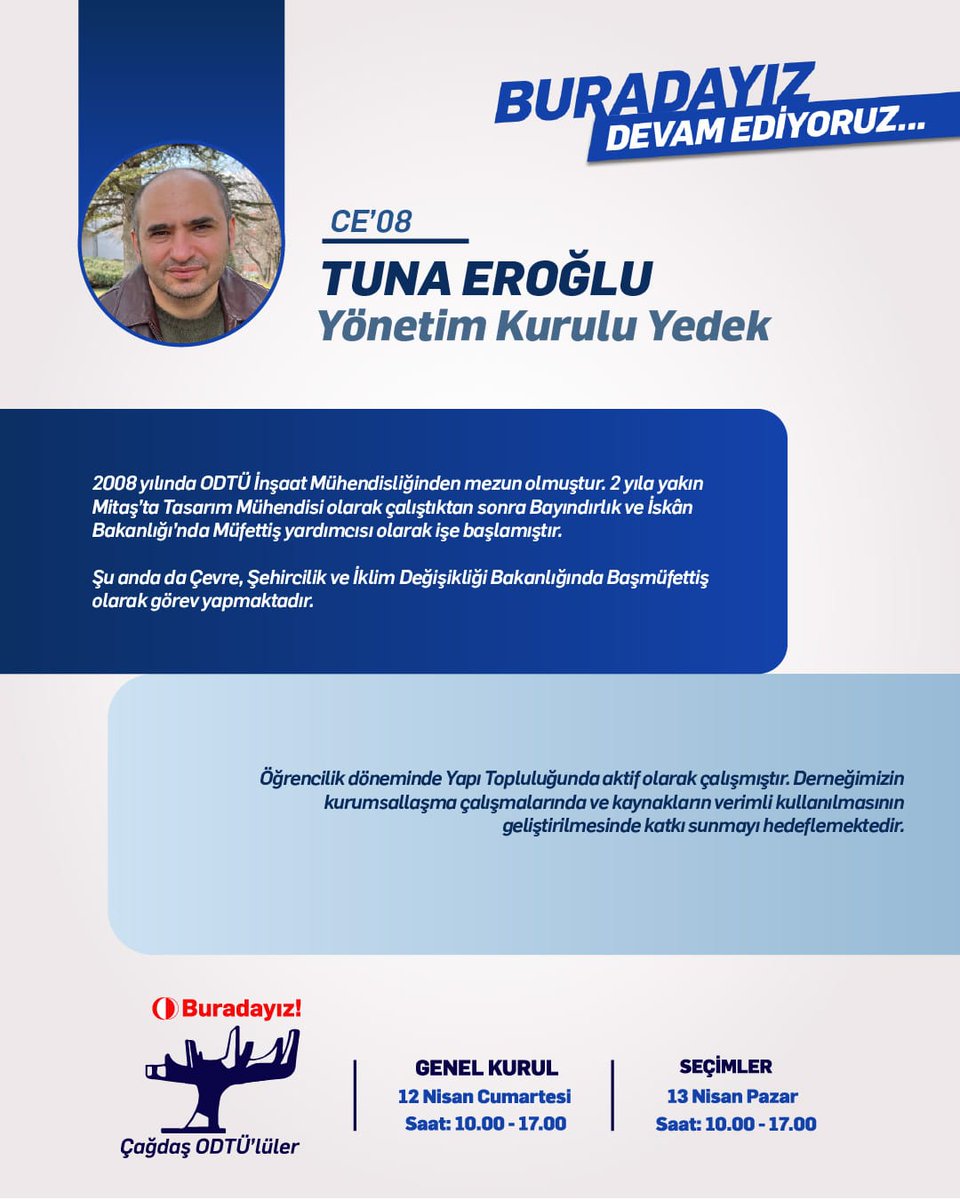 13 Nisan Pazar günü ODTÜ Mezunlar Derneği yönetim kurulu seçiminde yer alacak bölümümüzün mezunları ve değerli hocalarımızın da içinde bulunduğu Çağdaş ODTÜ'lüler grubu için bütün ODTÜ mezunlarının desteğini bekliyoruz.