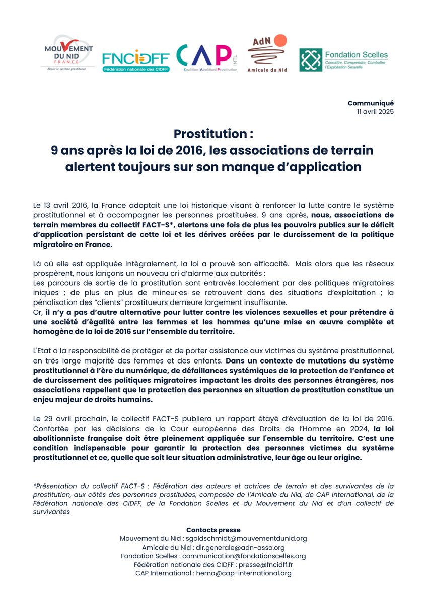📣 Prostitution : 9 ans après la loi de 2016, les associations de terrain alertent toujours sur son manque d'application

Le communiqué du collectif FACT-S ↓