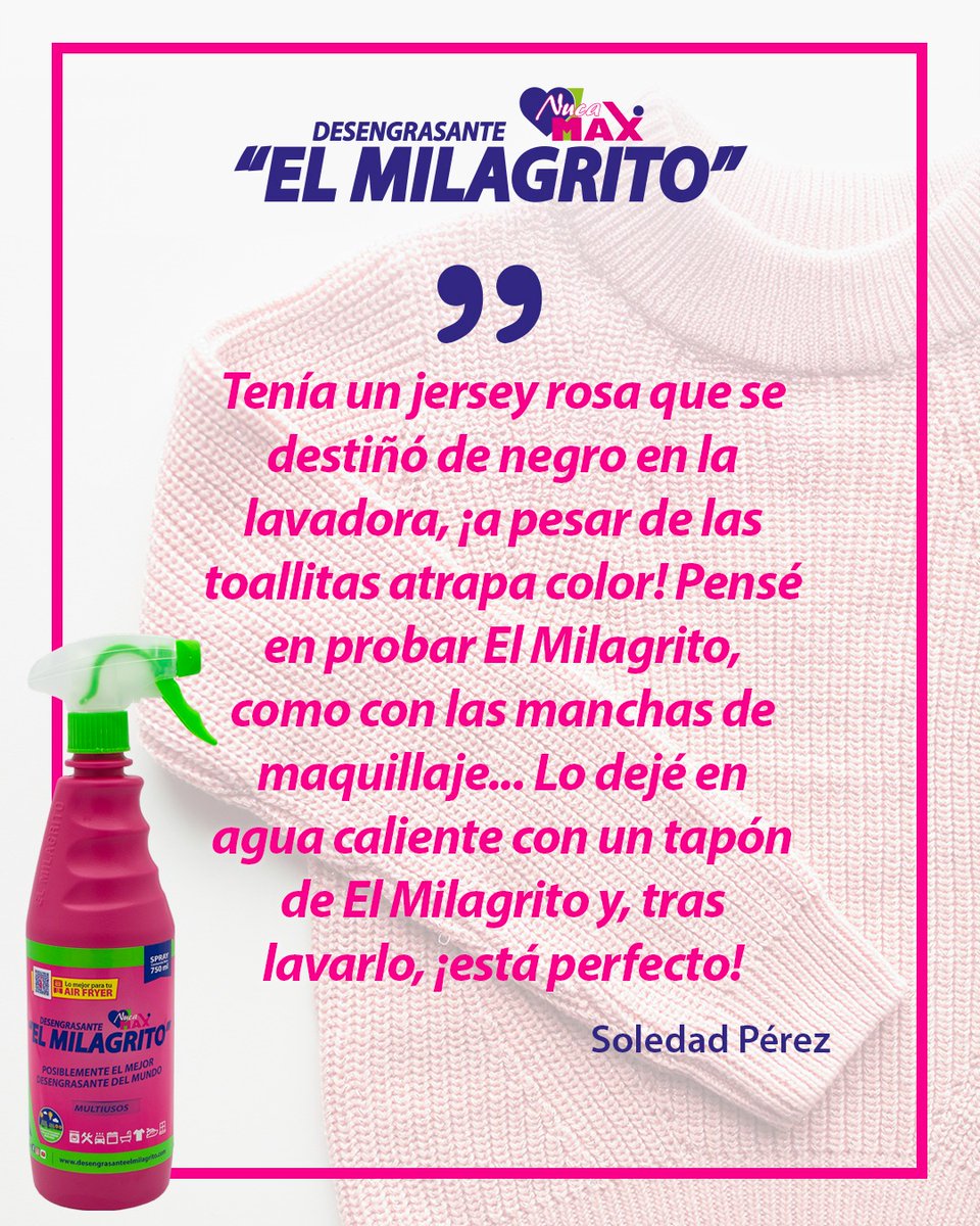 elmilagrito_'s tweet photo. Nuestra seguidora Soledad nos ha contado su #experiencia con un #jersey #desteñido ¡y está encantada con el resultado tras lavar con #ElMilagrito!
https://t.co/s7WmHf0hiQ
#milagrito #desengrasanteelmilagrito #desengrasante #limpiador #multiusos #ropa #chaleco #manchasimposibles https://t.co/tQkd4Baaay