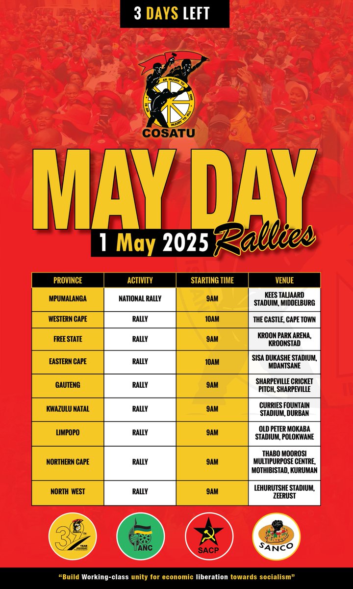 _cosatu's tweet photo. #COSATU affiliates are mobilizing workers to celebrate the International #WorkersDay in 2025 across the country
Workers in the Western Cape will assemble at the Castle in Cape Town to celebrate #MayDay #WorkersDay2025 #MayDay2025 #SACTU70
@ewnupdates @ewnreporter https://t.co/6WSEJT47vk