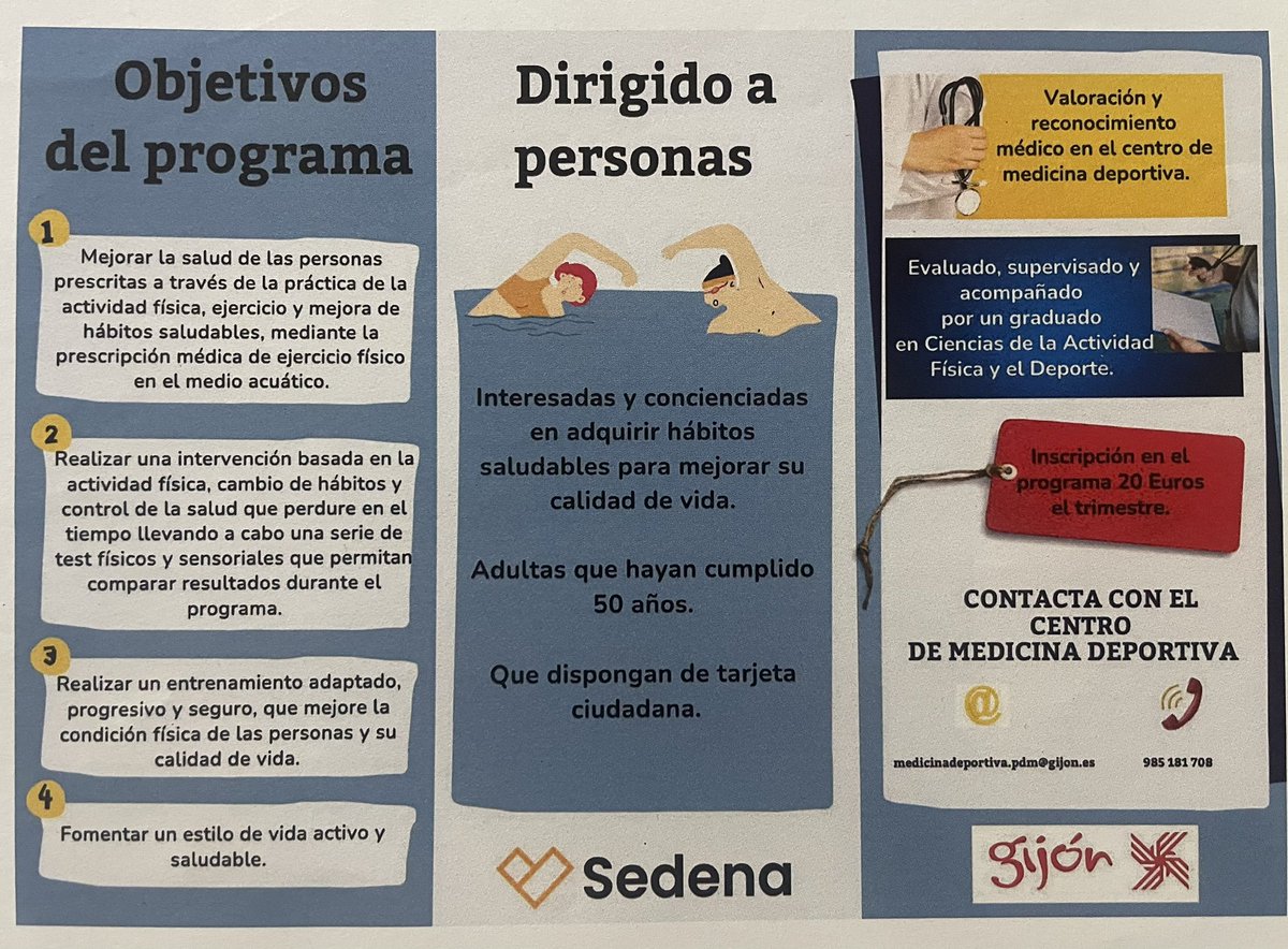 CS_ElCoto's tweet image. Desde el Patronato Municipal de El Coto nos presentan la Aqua-Receta 💪🏽💧
Una iniciativa para mejorar la salud fomentando el deporte de forma pautada 🏊🏽♂️
¿Para quién? > 50 años
📍 Centro medicina deportiva El Coto.
@gijon #deporte #salud #Gijón #agua