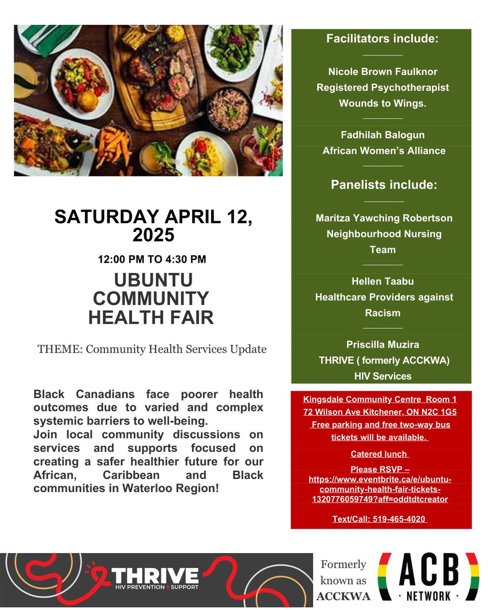 ACB Network of Waterloo Region (@ofacb) on Twitter photo We can't wait to meet you all this Saturday, 12th April 2025 @ 12pm for the Ubuntu health care happening at Kingsdale Community Centre, Kitchener.
Don't forget to RSVP to register. We can't wait to meet you all this Saturday, 12th April 2025 @ 12pm for the Ubuntu health care happening at Kingsdale Community Centre, Kitchener.
Don't forget to RSVP to register.