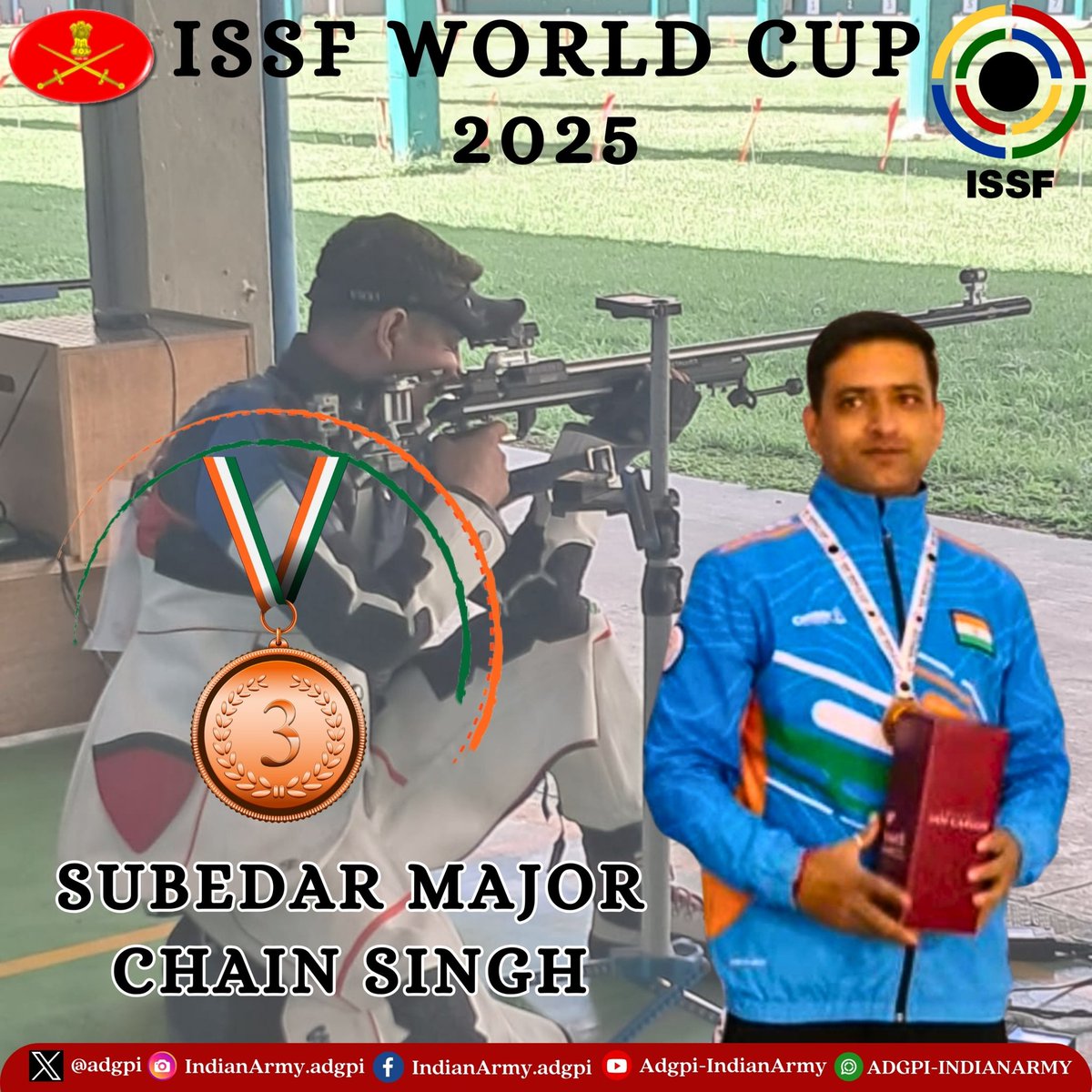 Bullseye in Buenos Aires 🇮🇳
Indian Army Shooter Shines at ISSF World Cup 2025

#GeneralUpendraDwivedi, #COAS, and All Ranks of the #IndianArmy extend heartiest congratulations to Subedar Major Chain Singh of the Army Marksmanship Unit #AMU, for clinching a Bronze Medal in the 50m