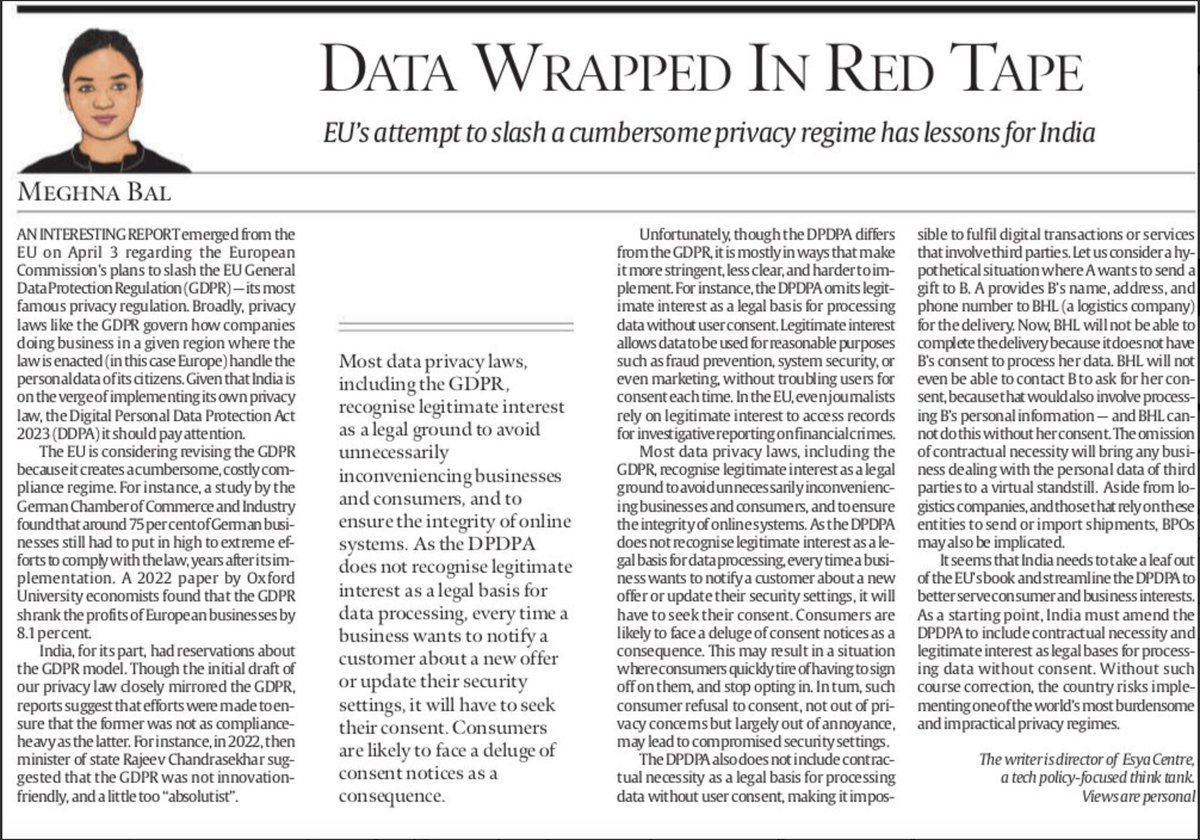 Meghna Bal (@balmeghna) on Twitter photo The EU is revising the GDPR to cut red tape. I write for <a href="/IndianExpress/">The Indian Express</a> on why India must do the same with its impending #privacy law to avoid wreaking havoc on businesses and consumers The EU is revising the GDPR to cut red tape. I write for <a href="/IndianExpress/">The Indian Express</a> on why India must do the same with its impending #privacy law to avoid wreaking havoc on businesses and consumers