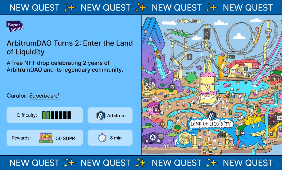 The ArbitrumDAO 2nd Anniversary: Welcome to the Land of Liquidity

A free NFT drop for the real ones — live now on <a href="/MagicEden/">Magic Eden 🪄</a> by <a href="/TheFutureisDAO1/">perchy</a>!

🎂 : superboard.xyz/quests/arbitru…