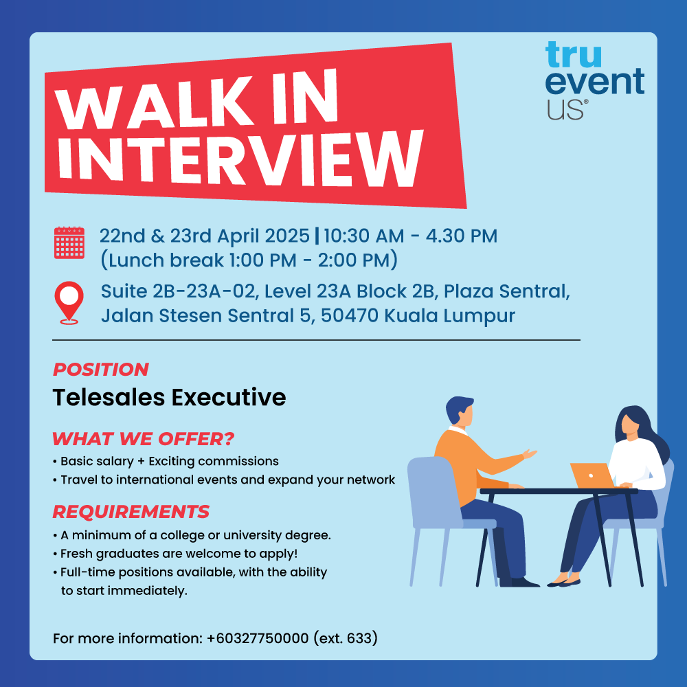 📢 We’re excited to welcome fresh talent!
Join us for a Walk-In Interview at our office.

📅 Date: 22–23 April 2025 (Tue–Wed)
⏰ Time: 10:30 AM – 4:30 PM
💼 Role: Telesales Executive

Bring your resume and let’s chat about your future with us!
#WalkInInterview #Hiring #Telesales