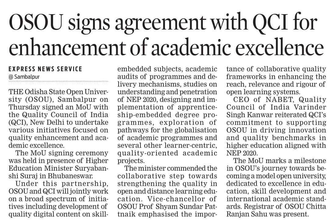 OsouOdisha's tweet image. Odisha State Open University (OSOU) Signed MoU with Quality Council of India (QCI). #OSOU #QCI osou.ac.in