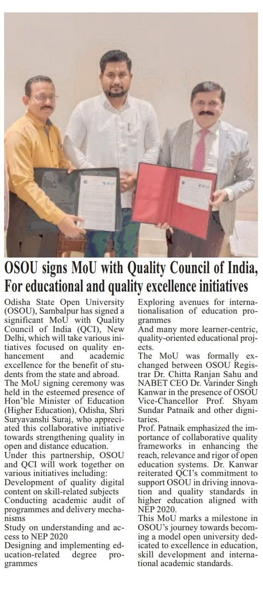 OsouOdisha's tweet image. Odisha State Open University (OSOU) Signed MoU with Quality Council of India (QCI). #OSOU #QCI osou.ac.in