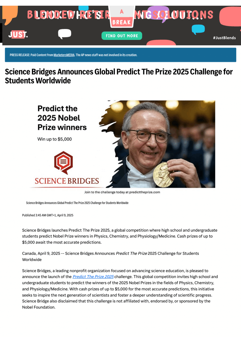 SciBridges's tweet photo. Science Bridges Announces Global Predict The Prize 2025 Challenge for Students Worldwide
https://t.co/ZckBQfUhnG

#PredictThePrize #Nobel2025 #NobelPrize https://t.co/UEUxR4l3vH