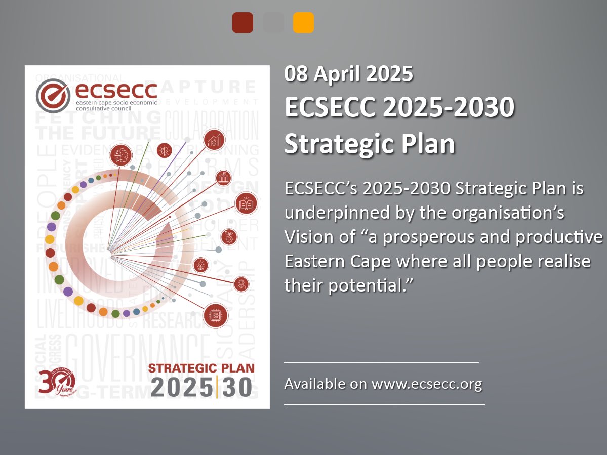 📢 New Publication Alert! 

ECSECC has published its 2025–2030 Strategic Plan, aligning with the Eastern Cape’s prioritisation of key objectives under the Medium-Term Development Plan, which is guided by the National Development Plan. 

Access it here: ecsecc.org/infocentreitem…