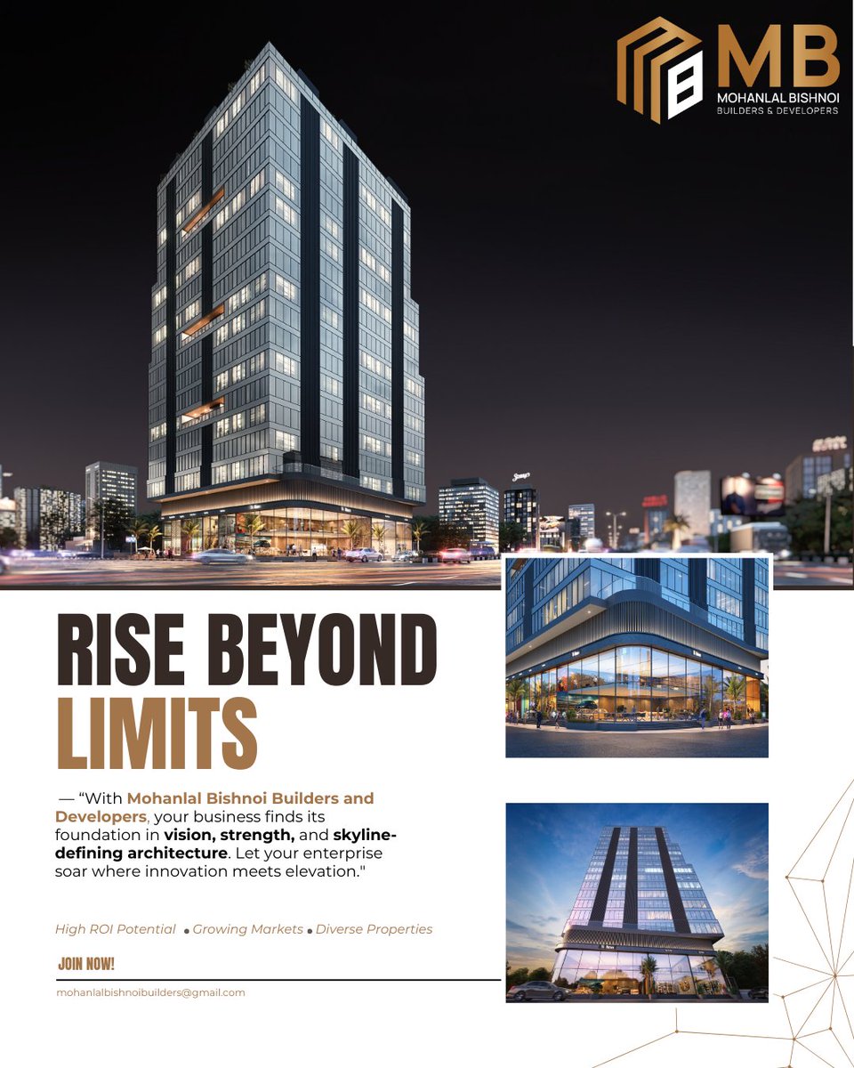 mbbdbuilders's tweet photo. "Rise Beyond Limits — With Mohanlal Bishnoi Builders and Developers, your business finds its foundation in vision, strength, and skyline-defining architecture. Let your enterprise soar where innovation meets elevation." https://t.co/Iv1Zt2TEV8