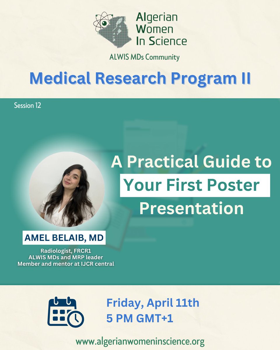 MRP Session 12: A Practical Guide to Your First Poster Presentation.
The session will feature Dr. Amel Belaid.

🗓 Saturday, April 11th
🕙 5 PM (GMT+1)

❗️Access is limited to participants accepted to the program.