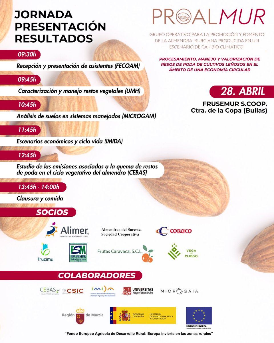 Los integrantes y colaboradores del Grupo Proalmur II llevarán a cabo una jornada de difusión de resultados de la iniciativa en la cooperativa Frusemur ✅ 
🗓️ 28 abril
📌 Frusemur S. Coop.
🕑 Desde 09:30h
Cuenta con la colaboración de <a href="/fecoam/">FECOAM Región de Murcia</a> con 7 cooperativas de frutos secos