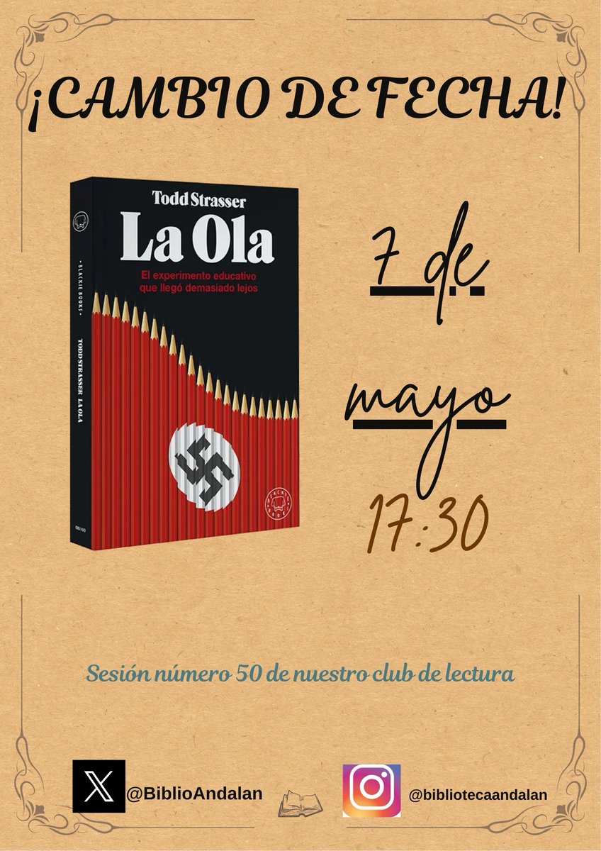 Biblioteca IES Andalán (@biblioandalan) on Twitter photo ATENCIÓN: CAMBIO DE FECHA de la sesión 50 del Club de lectura del <a href="/IES_Andalan/">IES Andalán</a> sobre La ola. Será el 7 DE MAYO a las 17:30. Lamentamos las molestias y os esperamos en esta reunión tan especial. Hasta entonces. <a href="/RedEvolucionAr/">RedEvolucion</a> <a href="/C_ComunicativAr/">Competencia Comunicativa Aragón 2024</a> <a href="/AmigosAndalan/">Amigos Del Andalán</a> <a href="/leeres/">Leer.es</a> ATENCIÓN: CAMBIO DE FECHA de la sesión 50 del Club de lectura del <a href="/IES_Andalan/">IES Andalán</a> sobre La ola. Será el 7 DE MAYO a las 17:30. Lamentamos las molestias y os esperamos en esta reunión tan especial. Hasta entonces. <a href="/RedEvolucionAr/">RedEvolucion</a> <a href="/C_ComunicativAr/">Competencia Comunicativa Aragón 2024</a> <a href="/AmigosAndalan/">Amigos Del Andalán</a> <a href="/leeres/">Leer.es</a>