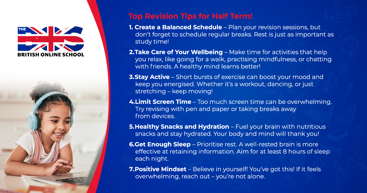 BritOnlineSch's tweet image. 📘 Top Revision Tips for Half Term! 🧠✏️
Here are 7 ways to stay on track: 
✅ Create a balanced schedule
✅ Look after your wellbeing
✅ Stay active
✅ Limit screen time
✅ Choose healthy snacks &amp;amp; hydrate
✅ Get enough sleep
✅ Keep a positive mindset

You&apos;ve got this
#IGCSEPrep