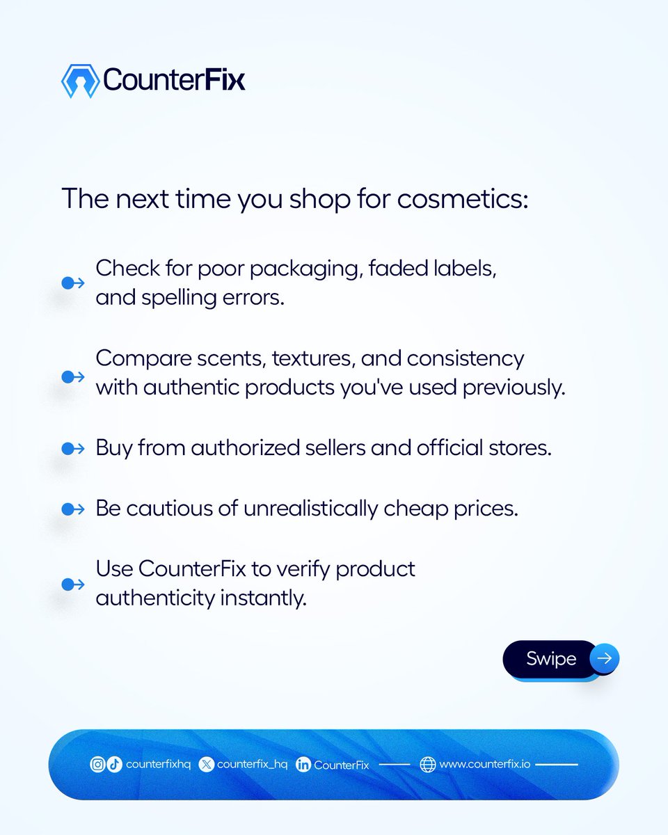 counterfix_hq's tweet photo. Counterfeit cosmetics are a real threat to your skin and health -With CounterFix,
Instant product authentication is guaranteed 💙
Ever bought a fake beauty product without knowing? Share your story

#CounterFix #NoToFake #BeautySafety #Skincare #Health #Blockchain #Cosmetics https://t.co/QDB4lL8Df7