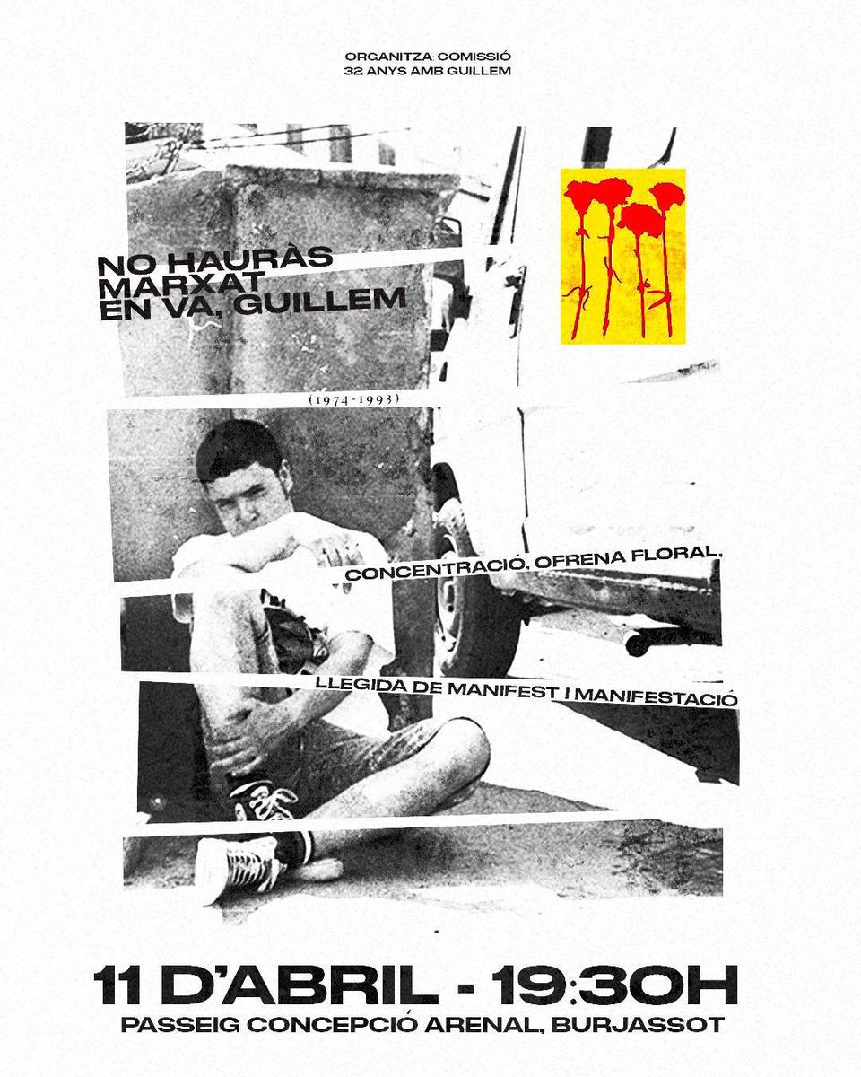 🏴🌹 Guillem Agulló: la teua mirada, el nostre puny!

Hui es compleixen 32 anys de la mort de Guillem, militant independentista i antifeixista de Maulets, en mans del feixisme.

Les joves antifeixistes dels Països Catalans mai deixarem que caigues en l'oblit. #32AnysAmbTu