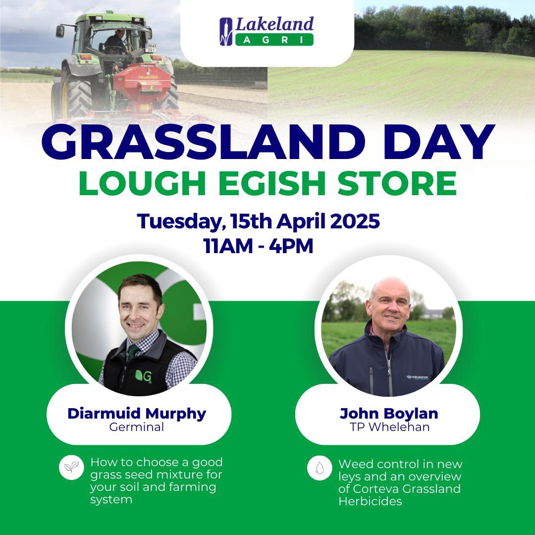 Looking forward to what promises to be a good day next Tuesday 15th at Lakeland Lough Egish store, for a discussion around any aspect of reseeding, from grass to post emergence spray, come along on the day 👍 <a href="/LakelandDairies/">Lakeland Dairies</a>