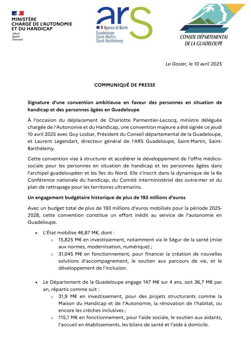 lecocqcharlotte's tweet photo. ✅ C’est signé !

L’engagement de l’État aux côtés du Département de la Guadeloupe pour renforcer l’autonomie des personnes âgées et des personnes en situation de handicap se concrétise aujourd’hui.

📌 Une convention historique, dotée de plus de 84 M€, pour développer l’offre médico-sociale en Guadeloupe.

Des solutions concrètes, au plus près des besoins, couvrant l’ensemble des champs : école, emploi, santé, amélioration de l’habitat, répit des aidants.