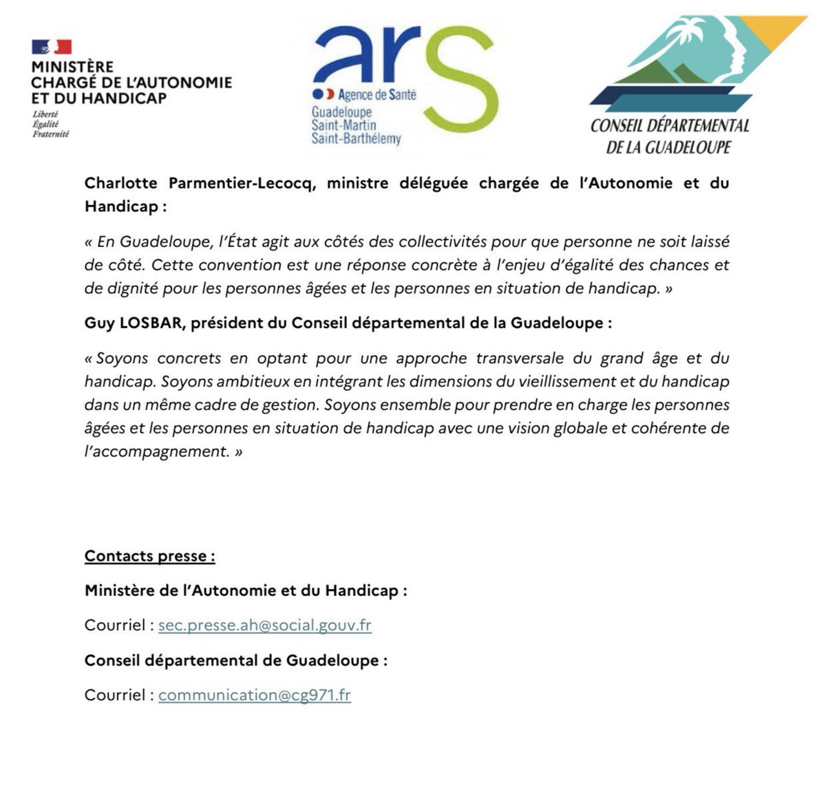 lecocqcharlotte's tweet photo. ✅ C’est signé !

L’engagement de l’État aux côtés du Département de la Guadeloupe pour renforcer l’autonomie des personnes âgées et des personnes en situation de handicap se concrétise aujourd’hui.

📌 Une convention historique, dotée de plus de 84 M€, pour développer l’offre médico-sociale en Guadeloupe.

Des solutions concrètes, au plus près des besoins, couvrant l’ensemble des champs : école, emploi, santé, amélioration de l’habitat, répit des aidants.