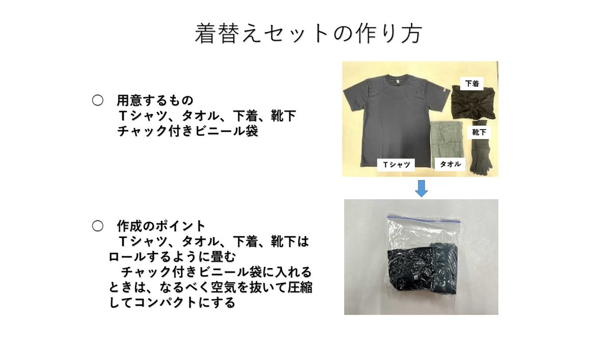 私は「着替えセット」を通勤鞄に入れています。災害時だけでなく、急な出張や雨に濡れた時にも活用できます。チャック付きビニール袋に着替えを入れ、空気を抜いて圧縮すればコンパクトにまとめられます。いざという時のために備えてはいかがでしょうか。