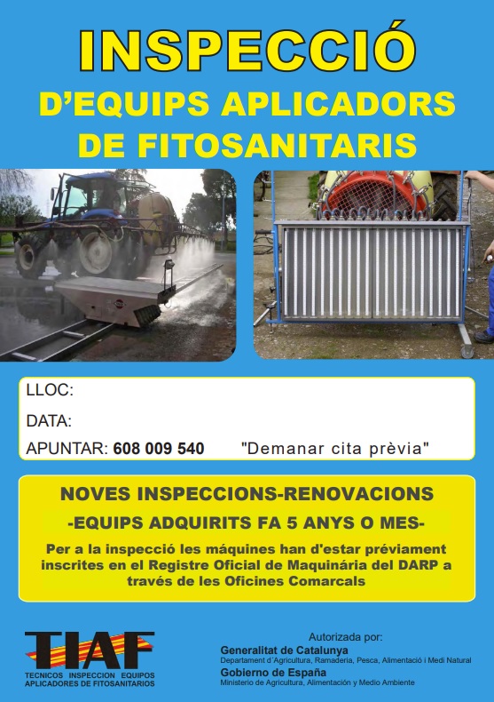 🚜 INSPECCIÓ DE SULFATADORS – DIMARTS 29 D’ABRIL

🔧 Es duran a terme tant noves inspeccions com renovacions (per a equips amb més de 5 anys).

📋 La maquinària ha d'estar registrada al DARP, a través de les Oficines Comarcals.

📞 Per cita prèviatrucar  al: 608 009 540