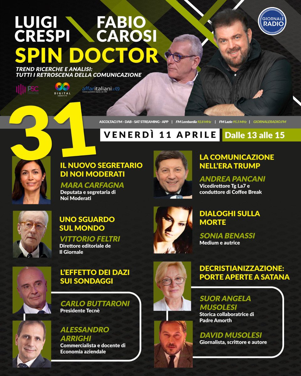 Luigi Crespi (@luigicrespi) on Twitter photo Con Fabio Carosi esploreremo i retroscena della comunicazione, politica e non solo, insieme a ospiti d'eccezione: @maracarfagna, @vittoriofeltri43,
@andreapancani, <a href="/dr/">Dan Rowden</a>.arrighi, Carlo Buttaroni, Sonia
Benassi, Suor Angela Musolesi e David Musolesi.
Trend, ricerche, analisi: il Con Fabio Carosi esploreremo i retroscena della comunicazione, politica e non solo, insieme a ospiti d'eccezione: @maracarfagna, @vittoriofeltri43,
@andreapancani, <a href="/dr/">Dan Rowden</a>.arrighi, Carlo Buttaroni, Sonia
Benassi, Suor Angela Musolesi e David Musolesi.
Trend, ricerche, analisi: il
