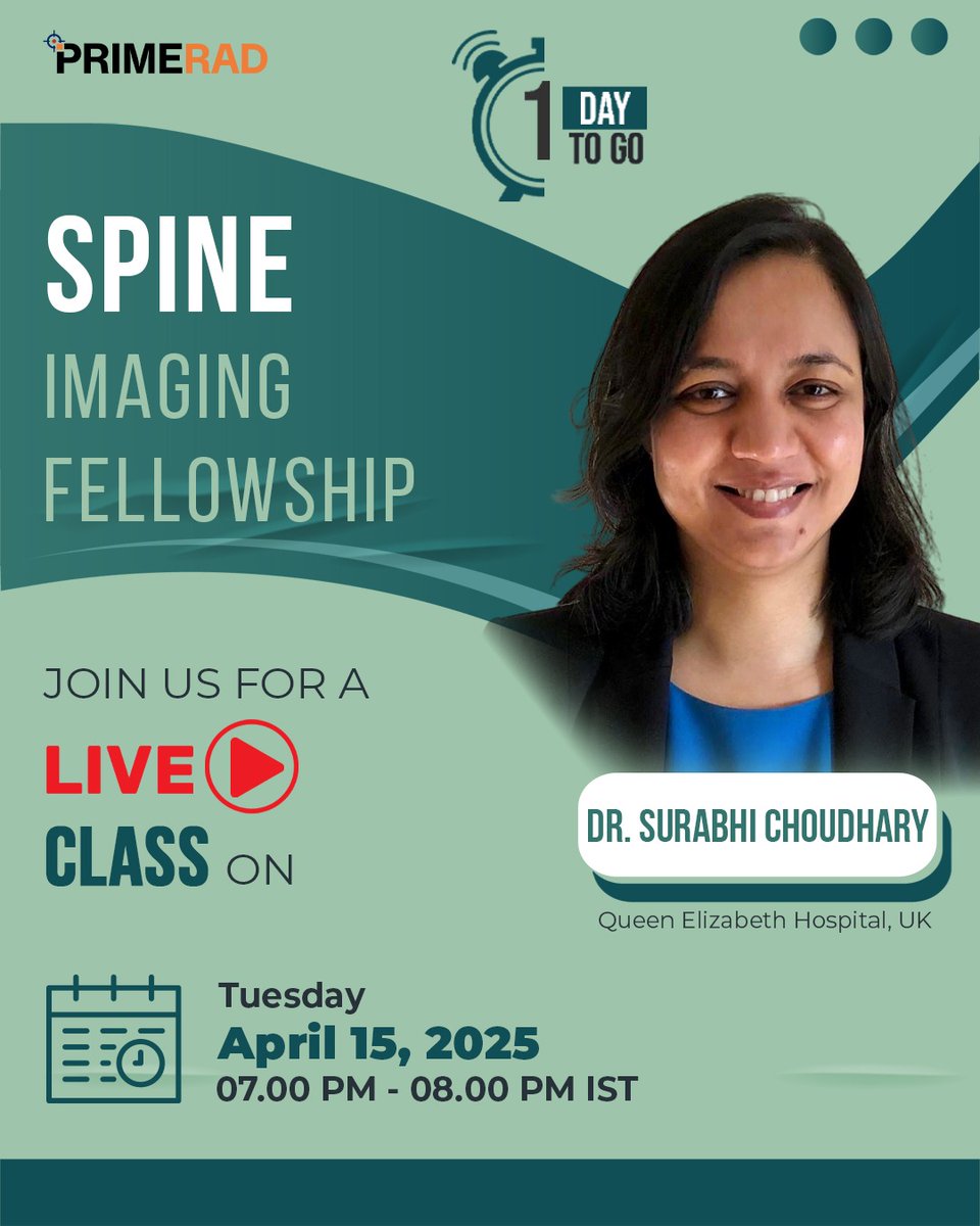 PrimeFellowship's tweet image. Engage directly with Dr Surabhi Choudhary from the United Kingdom.

Live Class
📅15th April, 2025 (Tuesday)
⌛7:00pm - 8:00pm IST

#PrimeRad #LiveClass #Faculty #PrecisionReporting #OnlineLearning #RadiologyFellowship #SpineImaging #Worldwide