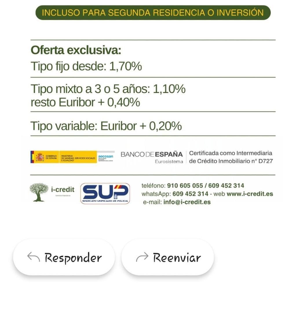 Sup_Policia's tweet photo. Gestiona tu #Hipoteca con #ICredit Consigue condiciones preferentes por ser afiliado del @Sup_Policia
#InterésFijo desde 1,70%
#Financiación hasta el 100% + gastos incluso para 2ª residencia
https://t.co/V5JSAxb9k0
Afiliate⤵️
https://t.co/aWtEI5KEFg https://t.co/fB0U6Cz2bq