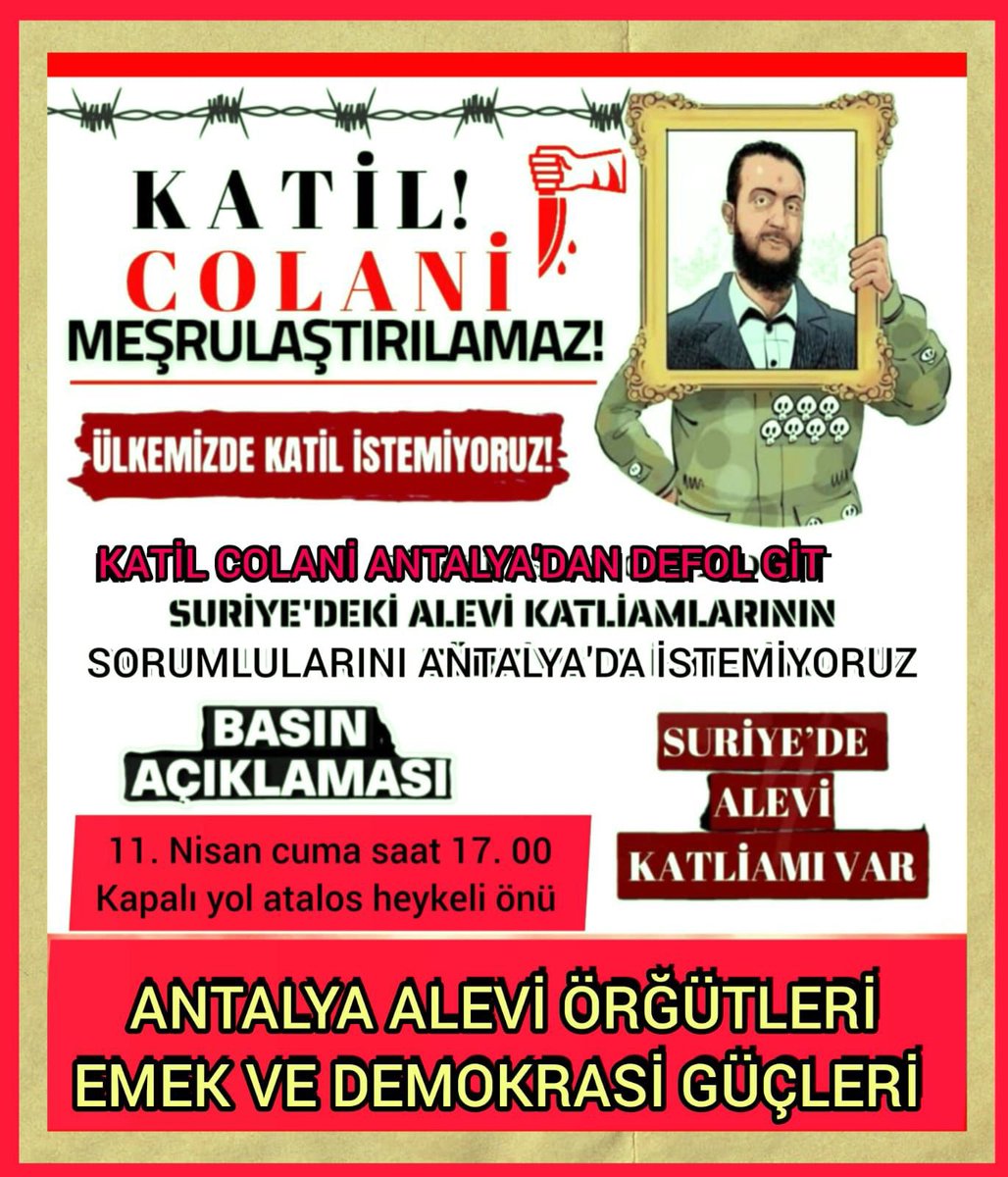 alevibektasi_f's tweet photo. Bugün Türkiye’nin dört bir yanında katil Colani’nin ülkemize gelmesi protesto edilecektir. Eli kanlı katilin tutuklanması ve uluslararası ceza mahkemesinde yargılanmalı ve öldürülen binlerce insanın hesabını vermelidir.
#SuriyedeAleviSoykırımıVar https://t.co/OJUObo0SVc