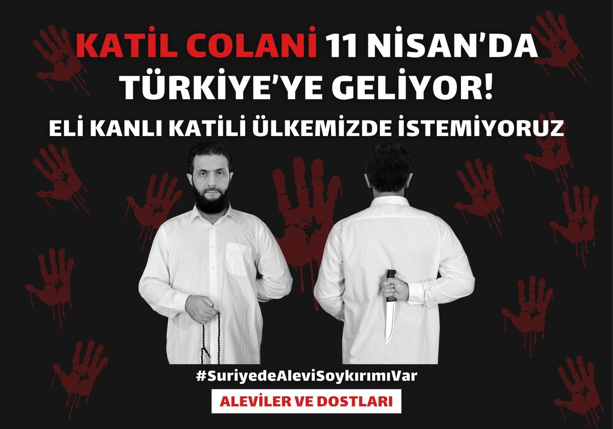 alevibektasi_f's tweet photo. Bugün Türkiye’nin dört bir yanında katil Colani’nin ülkemize gelmesi protesto edilecektir. Eli kanlı katilin tutuklanması ve uluslararası ceza mahkemesinde yargılanmalı ve öldürülen binlerce insanın hesabını vermelidir.
#SuriyedeAleviSoykırımıVar https://t.co/OJUObo0SVc