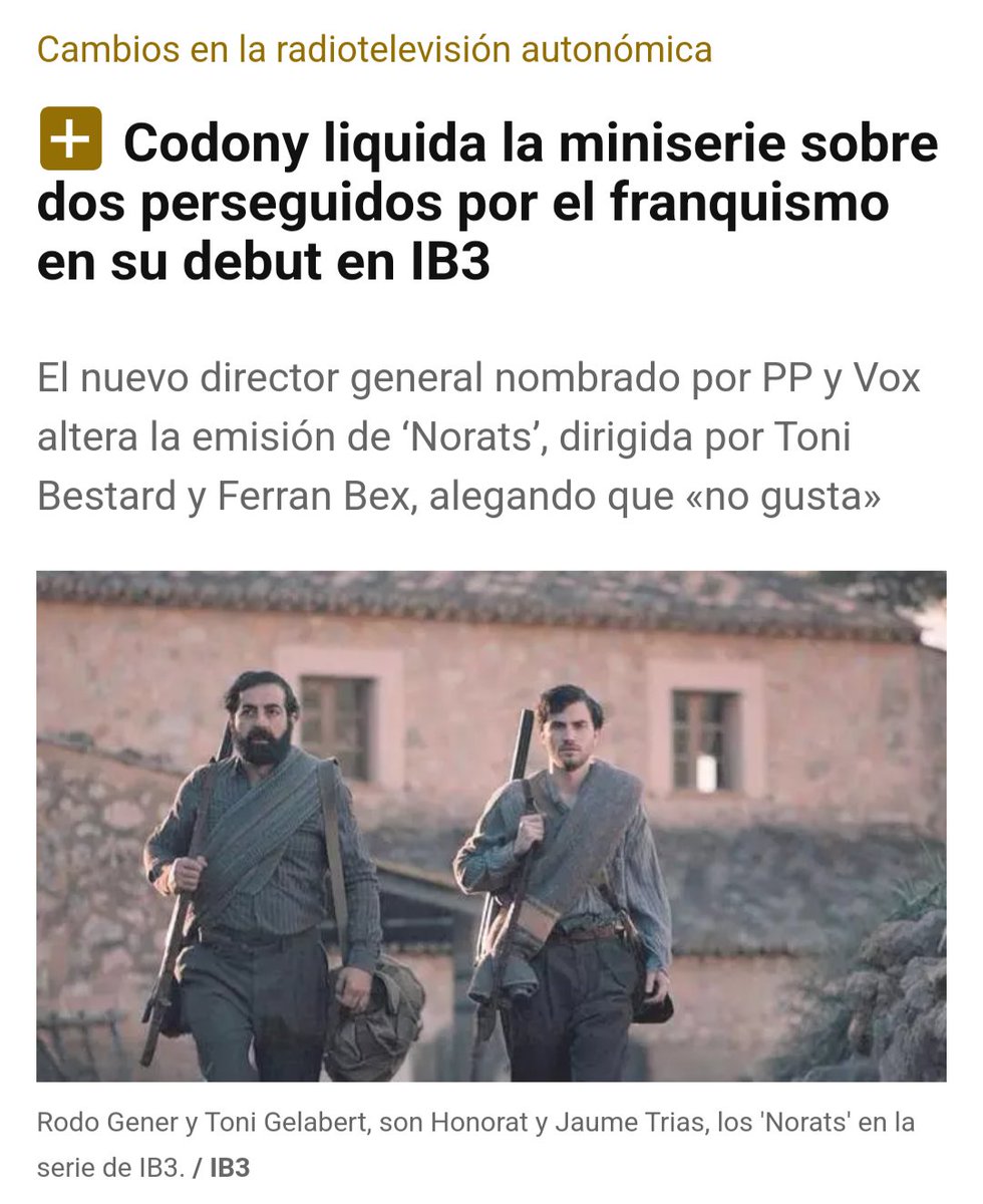 Hola <a href="/som3cat/">3Cat</a>, podríeu fer-nos el favor d'emetre aquesta mini sèrie sobre l'història dels Norats, on és mostra com van viure pare i fill durant 13 anys amagats a la Serra de Tramuntana el temps de la repressió a Mallorca, ja que aquí els fatxes espanyols l'han censurada.