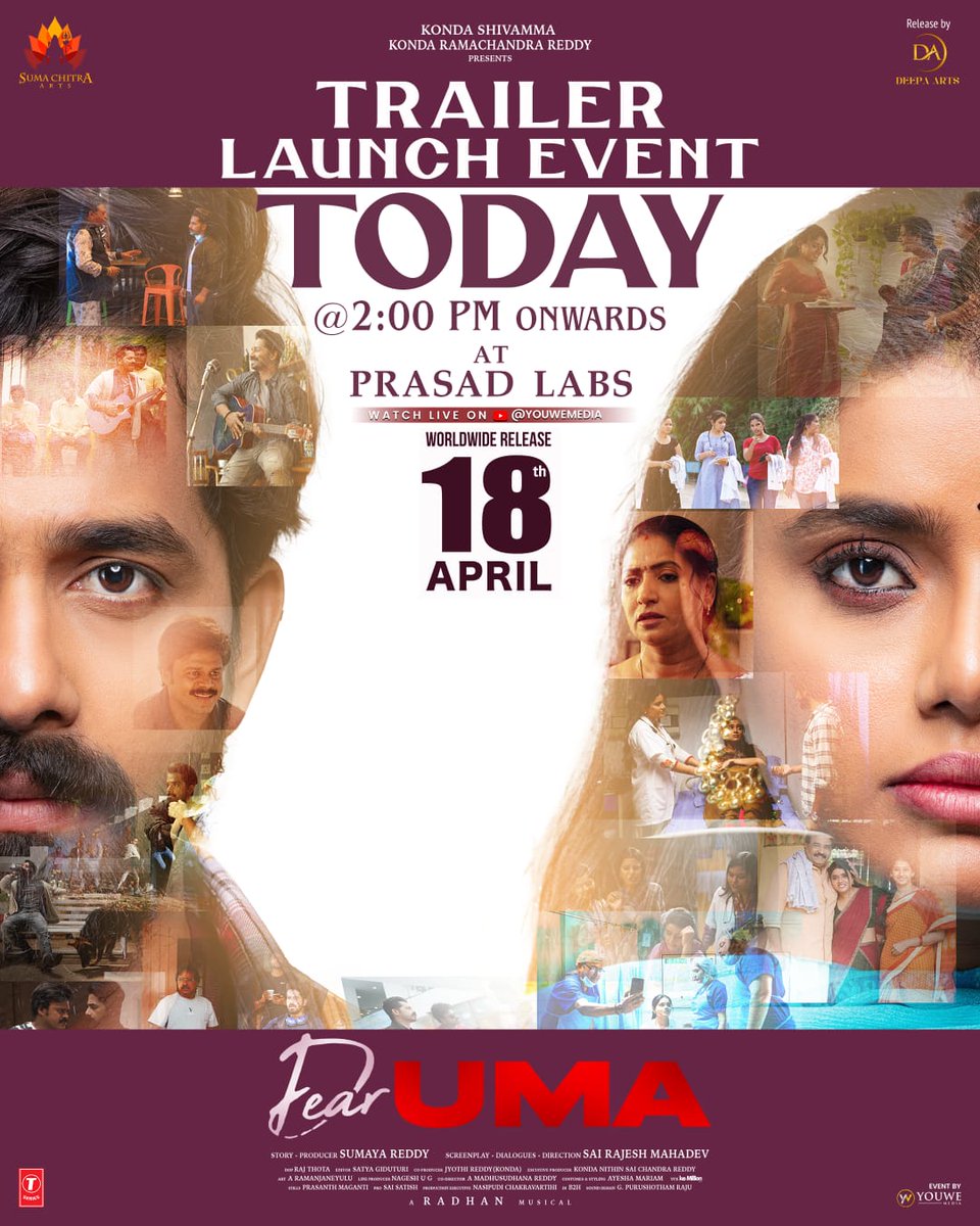 Suma Chitra Arts (@sumachitra_arts) on Twitter photo Get ready for the magic to unfold ๐
#DearUma Trailer Launch Event kicks off today at Prasad Labs from 2 PM ๐คฉ
In theatres on April 18th
<a href="/sumaya_reddy/">Sumaya Reddy</a> <a href="/AmbarPruthvi/">Pruthvi Ambaar</a>
<a href="/sumachitra_arts/">Suma Chitra Arts</a> #SaiRajeshMahadev <a href="/radhanmusic/">Radhan Music</a>
#RajThota #sumachitraarts
<a href="/tseriessouth/">T-Series South</a> <a href="/PROSaiSatish/">Sai Satish</a> Get ready for the magic to unfold ๐
#DearUma Trailer Launch Event kicks off today at Prasad Labs from 2 PM ๐คฉ
In theatres on April 18th
<a href="/sumaya_reddy/">Sumaya Reddy</a> <a href="/AmbarPruthvi/">Pruthvi Ambaar</a>
<a href="/sumachitra_arts/">Suma Chitra Arts</a> #SaiRajeshMahadev <a href="/radhanmusic/">Radhan Music</a>
#RajThota #sumachitraarts
<a href="/tseriessouth/">T-Series South</a> <a href="/PROSaiSatish/">Sai Satish</a>