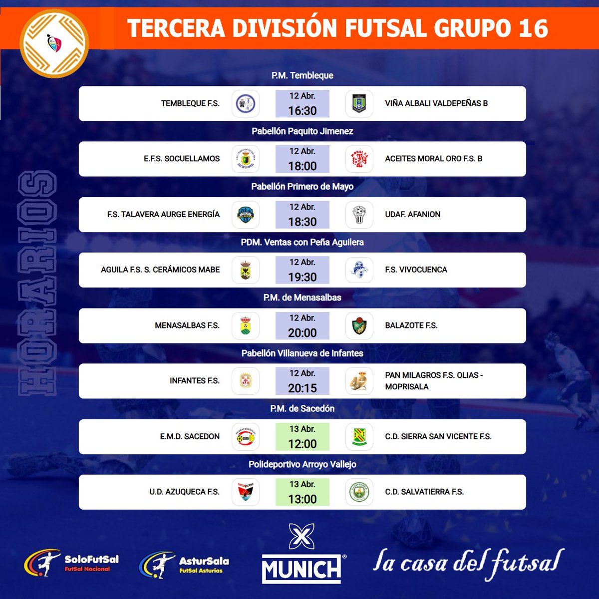 Solo-FutSal (@solofutsal_) on Twitter photo 🟧 3⃣ª DIVISIÓN FUTSAL - GRUPO 1⃣6⃣
📆 28ª JORNADA /⏰HORARIOS
✍️ Consulta los horarios de la jornada
📎solo-futsal.es/tercera-divisi…
🔀 Visita los perfiles de los equipos de la categoría
<a href="/MoralFs/">Moral Fútbol Sala</a> <a href="/aguilafs/">aguilafs</a> <a href="/BalazoteFS/">Balazote FS</a> <a href="/SalvatierraCd/">CD SALVATIERRA FS</a> <a href="/ssv_fs/">Sierra San Vicente FS</a> <a href="/EFS_Socuellamos/">F.S. Socuéllamos</a> <a href="/SacedonFs/">E.M.D SACEDÓN</a> 🟧 3⃣ª DIVISIÓN FUTSAL - GRUPO 1⃣6⃣
📆 28ª JORNADA /⏰HORARIOS
✍️ Consulta los horarios de la jornada
📎solo-futsal.es/tercera-divisi…
🔀 Visita los perfiles de los equipos de la categoría
<a href="/MoralFs/">Moral Fútbol Sala</a> <a href="/aguilafs/">aguilafs</a> <a href="/BalazoteFS/">Balazote FS</a> <a href="/SalvatierraCd/">CD SALVATIERRA FS</a> <a href="/ssv_fs/">Sierra San Vicente FS</a> <a href="/EFS_Socuellamos/">F.S. Socuéllamos</a> <a href="/SacedonFs/">E.M.D SACEDÓN</a>
