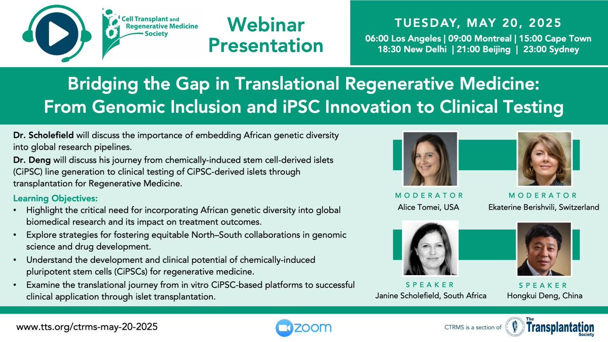 Register to join the upcoming CTRMS Webinar on May 20, 2025 on 'Bridging the Gap in Translational Regenerative Medicine: From Genomic Inclusion and iPSC Innovation to Clinical Testing'

tts.org/ctrms-educatio…