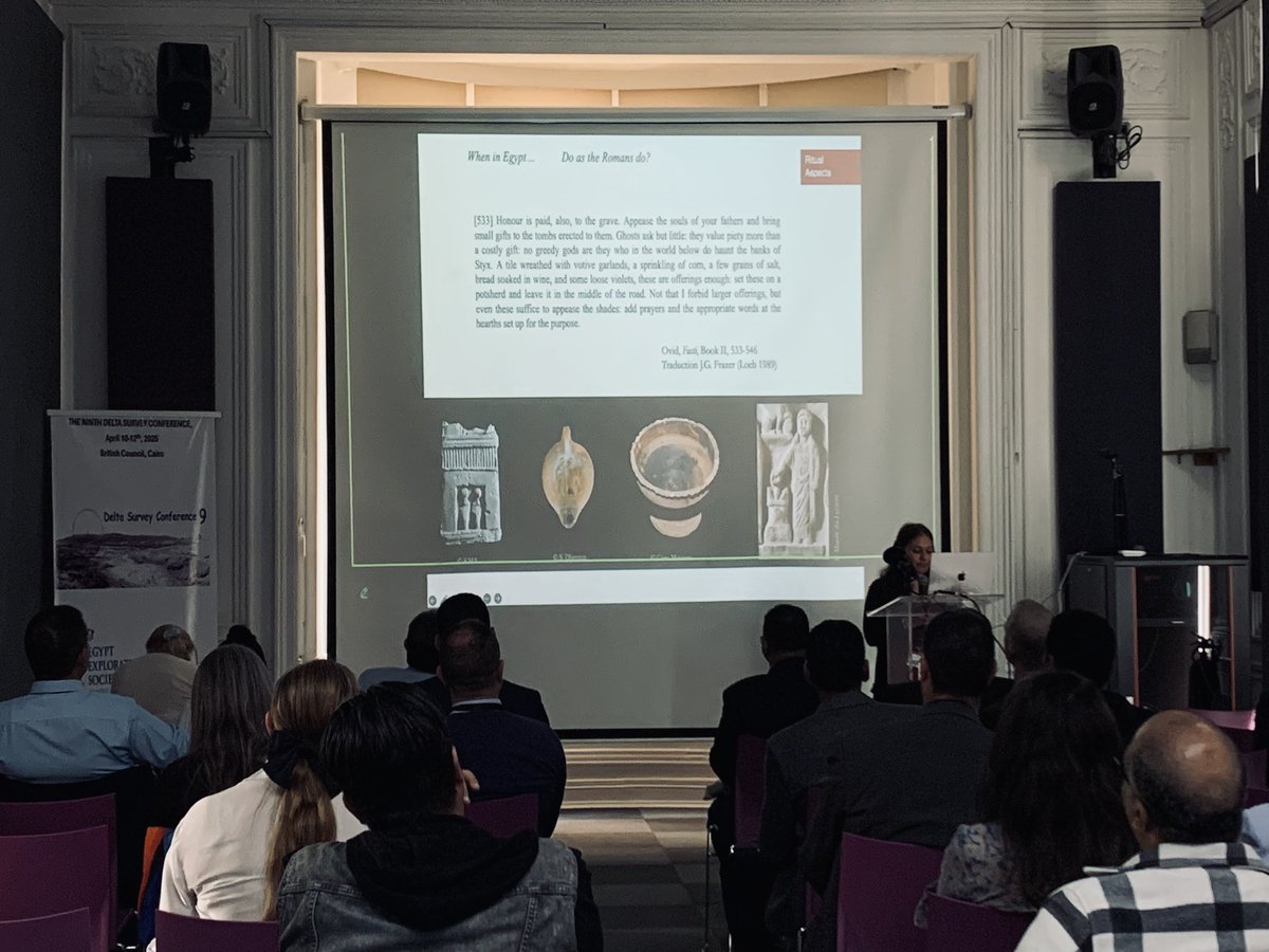 TheEES's tweet photo. Aude Simony (below) presents the French mission and Mostafa Rezk Ibrahim presents the Egyptian mission at Terenuthis/Kom Abu Billo, which was previously excavated by @TheEES in 1887-88 at the #DeltaSurvey conference. https://t.co/KZZAzKDT90
