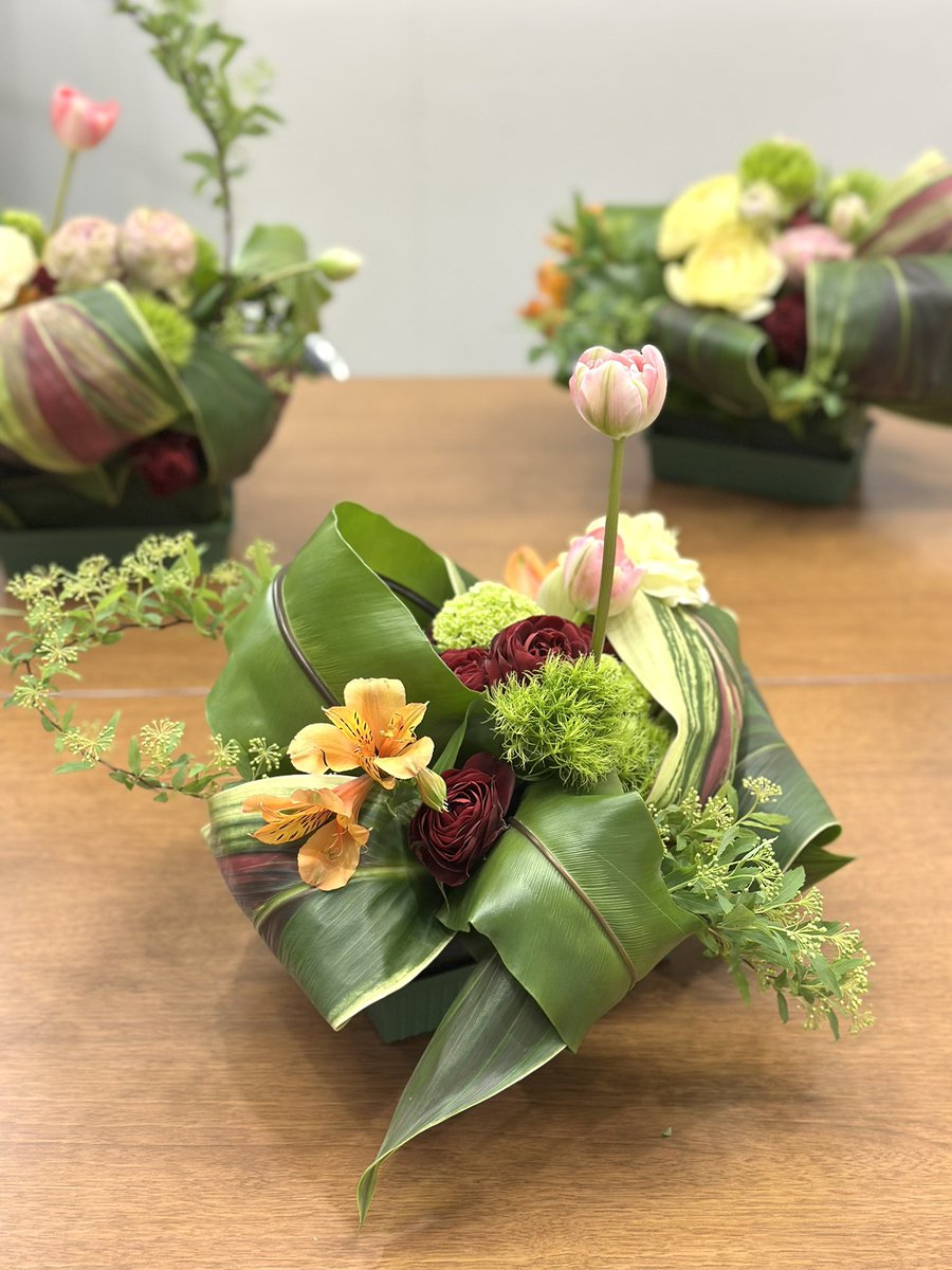 Dhiver_fleur's tweet photo. グリーンにピンクやクリーム色が混じった華やかな葉っぱはハワイアンフラッグです。毎日文化センター「パリのお花屋さん講座」では、今日、この葉っぱで器を作りました。きれいな色を魅せるために工夫されていて、個性的で素敵でした！ https://t.co/C7EDjJ7TUm