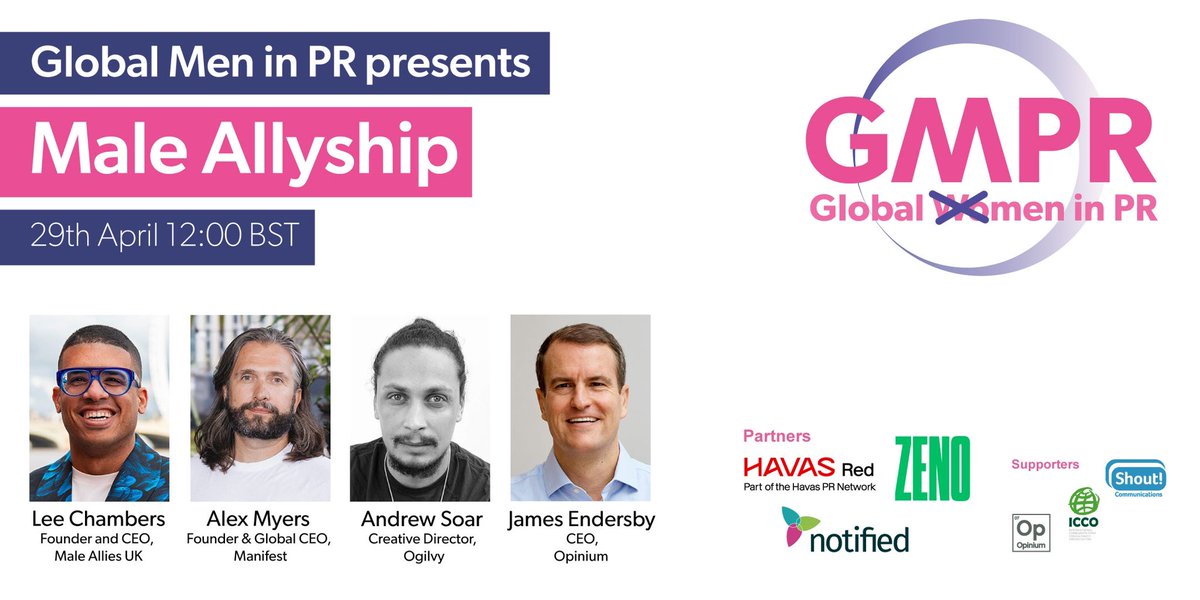 On Tuesday 29th April we are rebranding as Global Men in PR and hosting our first ever, deliberate manel, to celebrate male allyship and hear how our guests show up for women. 

Tickets are available for free now 

eventbrite.co.uk/e/male-allyshi…