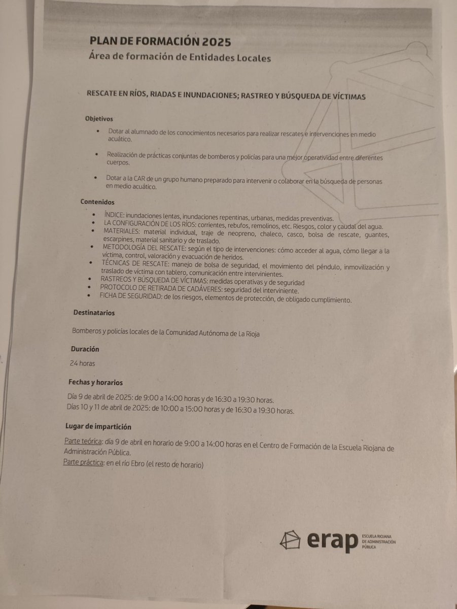 Venga <a href="/lariojaorg/">Gobierno de La Rioja</a> , que aún estáis a tiempo de rectificar y no atribuir al CEIS Rioja méritos que no le corresponden... 
Esa formación ha sido impartida conjuntamente por bomberos del CEIS  y de <a href="/logrobombero/">Bomberos Logroño (Cuenta NO OFICIAL ayto)</a> y ORGANIZADA por la ERAP como se ve claramente en el documento