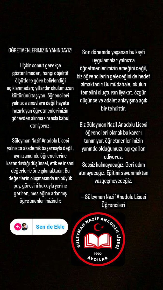 vaziyetcomtr's tweet photo. İstanbul başta olmak üzere birçok ildeki lise öğretmenleri açığa alınmaya başladı.

30’dan fazla köklü liseye yönetici ve öğretmen atamaları yapılarak siyasi görüşlerinden ötürü birçok öğretmenin açığa alındığı iddia ediliyor.

Öğrenciler, öğretmenlere yönelik destek çağrılarına başladı.