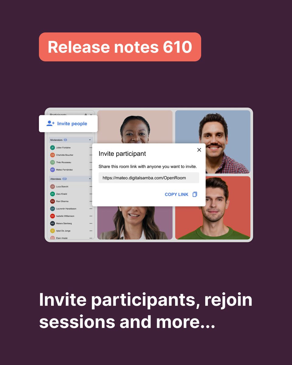 getdigitalsamba's tweet image. Introducing Digital Samba 610

Here’s what’s new:
 🔹 Invite participants – UX enhancements
🔸 New &apos;Rejoin session&apos; setting
🔹 Connection notification tweaks

Full release notes: eu1.hubs.ly/H0jchg40 

#VideoConferencing #UXImprovements #VirtualMeetings #CollaborationTools
