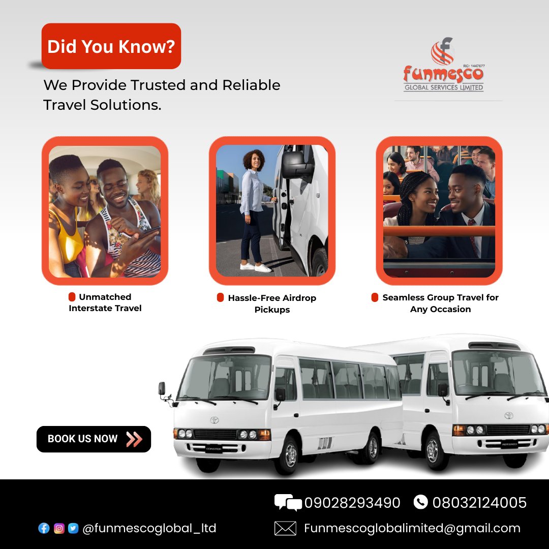funmescoglobal's tweet photo. TGIF! 

Did you know we provide trusted and reliable travel solutions? 

Your journey, our priority! 

#TrustedTravel #ReliableService #TGIF #TravelWithConfidence #ComfortOnTheGo #WeekendGetaway #SafeJourneys #BusService https://t.co/GwGfKJJJPb