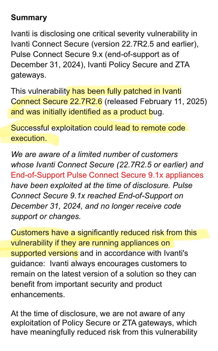cyb3rops's tweet photo. Ivanti just disclosed CVE-2025-22457 - a critical RCE vulnerability in Ivanti Connect Secure, Policy Secure, and ZTA Gateways. And it’s a mess.

The vuln (CVSS 9.0) was quietly patched back in February, mislabeled as a “product bug.” No mention of remote code execution, no hint that this was a zero-day actively exploited by Chinese threat actors (per Mandiant). If you read the patch notes at the time, you wouldn’t have seen any reason to panic or schedule urgent maintenance.

Now, in April, Ivanti confirms it was a critical security issue - and the “fix” is just:
Use the latest version.
Cool. But patching a device that was already compromised doesn’t exactly help, does it?

They also claim customers can “check for compromise” using something called ICT - their Integrity Checker Tool. A tool you can run on the device to look for signs of tampering.

And what are the signs?
“Look for web server crashes.”

That’s it. That’s their IOC.
No log samples.
No technical details.
No public indicators from the Mandiant investigation.
Just… “monitor for web server crashes.”

Are we supposed to treat any crash as proof of compromise now? What kind of guidance is that? These devices are black boxes. You can’t run third-party tools, no shell access, no EDR, nothing. So if ICT is the only option for detection, then the vendor should damn well provide proper detection material.

They must have more indicators from Mandiant. So why aren’t those included in the advisory? Are they hiding them in some gated customer support portal? Hoping customers will just open a ticket and figure it out later?

This isn’t transparency. This is abdication of responsibility.

Telling customers to “just patch” isn’t good enough when a zero-day has been exploited in the wild.
Telling them to “check for web server crashes” is laughable.
And pretending like running a supported version magically protects you after the fact is insulting.

Until vendors take post-exploitation guidance seriously, we’re just patching already-compromised systems and calling it a day. And threat actors love that.

https://t.co/zPoNyi94St