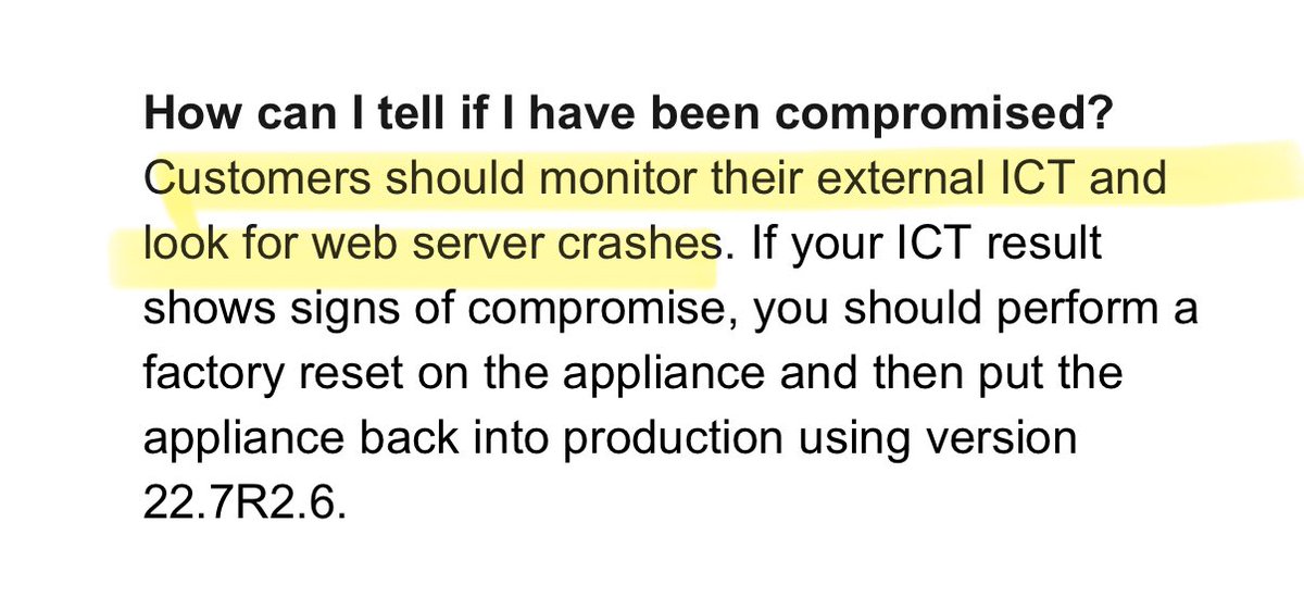 cyb3rops's tweet photo. Ivanti just disclosed CVE-2025-22457 - a critical RCE vulnerability in Ivanti Connect Secure, Policy Secure, and ZTA Gateways. And it’s a mess.

The vuln (CVSS 9.0) was quietly patched back in February, mislabeled as a “product bug.” No mention of remote code execution, no hint that this was a zero-day actively exploited by Chinese threat actors (per Mandiant). If you read the patch notes at the time, you wouldn’t have seen any reason to panic or schedule urgent maintenance.

Now, in April, Ivanti confirms it was a critical security issue - and the “fix” is just:
Use the latest version.
Cool. But patching a device that was already compromised doesn’t exactly help, does it?

They also claim customers can “check for compromise” using something called ICT - their Integrity Checker Tool. A tool you can run on the device to look for signs of tampering.

And what are the signs?
“Look for web server crashes.”

That’s it. That’s their IOC.
No log samples.
No technical details.
No public indicators from the Mandiant investigation.
Just… “monitor for web server crashes.”

Are we supposed to treat any crash as proof of compromise now? What kind of guidance is that? These devices are black boxes. You can’t run third-party tools, no shell access, no EDR, nothing. So if ICT is the only option for detection, then the vendor should damn well provide proper detection material.

They must have more indicators from Mandiant. So why aren’t those included in the advisory? Are they hiding them in some gated customer support portal? Hoping customers will just open a ticket and figure it out later?

This isn’t transparency. This is abdication of responsibility.

Telling customers to “just patch” isn’t good enough when a zero-day has been exploited in the wild.
Telling them to “check for web server crashes” is laughable.
And pretending like running a supported version magically protects you after the fact is insulting.

Until vendors take post-exploitation guidance seriously, we’re just patching already-compromised systems and calling it a day. And threat actors love that.

https://t.co/zPoNyi94St