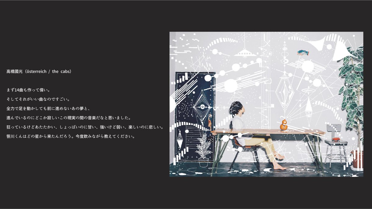 maosasa_info's tweet photo. 狂っているけどあたたかい、しょっぱいのに甘い、強いけど弱い、楽しいのに悲しい。
--高橋國光 (österreich / the cabs)@osterreichstaff
『STRANGE POP』
https://t.co/4Jfg2rLEng
🔽コメント一覧
https://t.co/Eoue55roUg
#STRANGEPOP https://t.co/dFn1fpVVkh