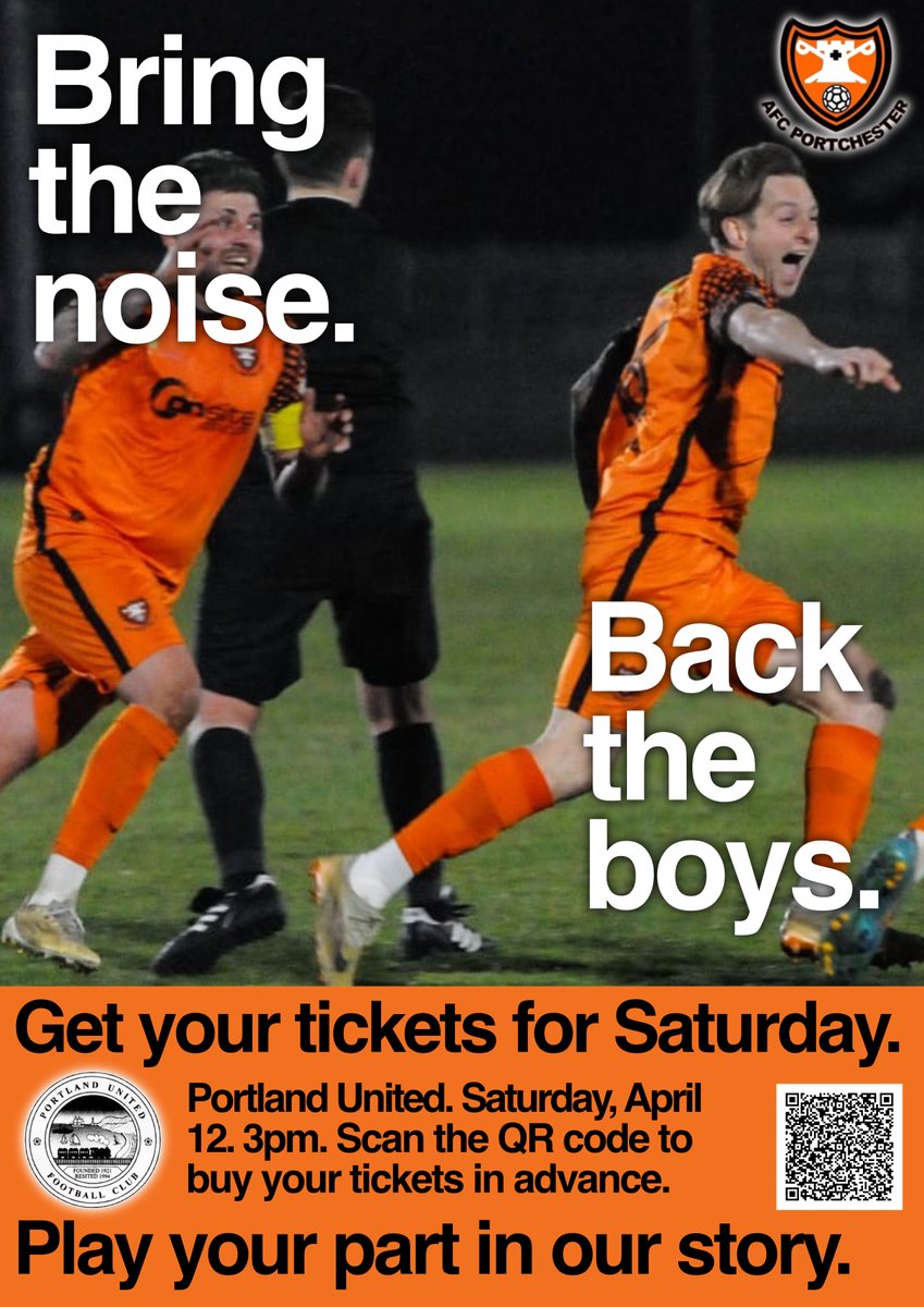 What a day to come tomorrow at The OnSite Group Stadium!

Important league game against Portland United followed by the trophy presentation ceremony and promotion party.

We need you there in BIG numbers - get your tickets via the QR code or link below:

ticketscandy.com/e/afc-portches…