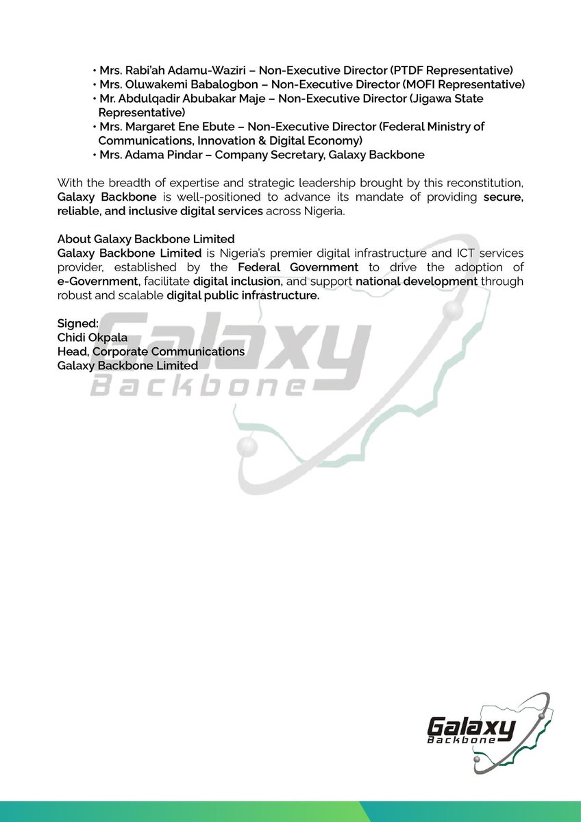 Galaxybackbone's tweet photo. PRESS RELEASE: FG Inaugurates New Board At Galaxy Backbone Limited
#galaxybackbone
#osgf
#digitaltransformation
@FMCIDENigeria
@OfficialOSGF
@IbrahimAdeyanju
@HonSegunOlulade
@OlumbeAKinkugbe https://t.co/ZTi3m5mTCQ
